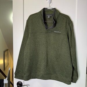 Eddie Bauer Men's 1/4  Quarter Zip Button Olive Green Knit Sweatshirt Collared L
